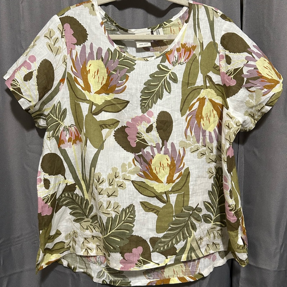 Linen white & green floral leaf print blouse